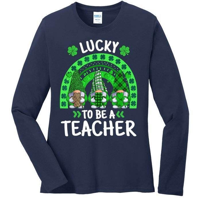 Lucky To Be A Teacher St Patricks Day Shamrock Gnome Rainbow Ladies Long Sleeve Shirt