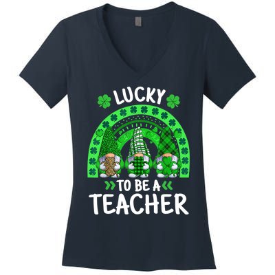 Lucky To Be A Teacher St Patricks Day Shamrock Gnome Rainbow Women's V-Neck T-Shirt