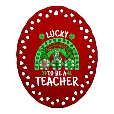 Lucky To Be A Teacher St Patricks Day Shamrock Gnome Rainbow Ceramic Oval Ornament