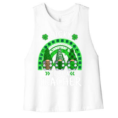 Lucky To Be A Teacher St Patricks Day Shamrock Gnome Rainbow Women's Racerback Cropped Tank