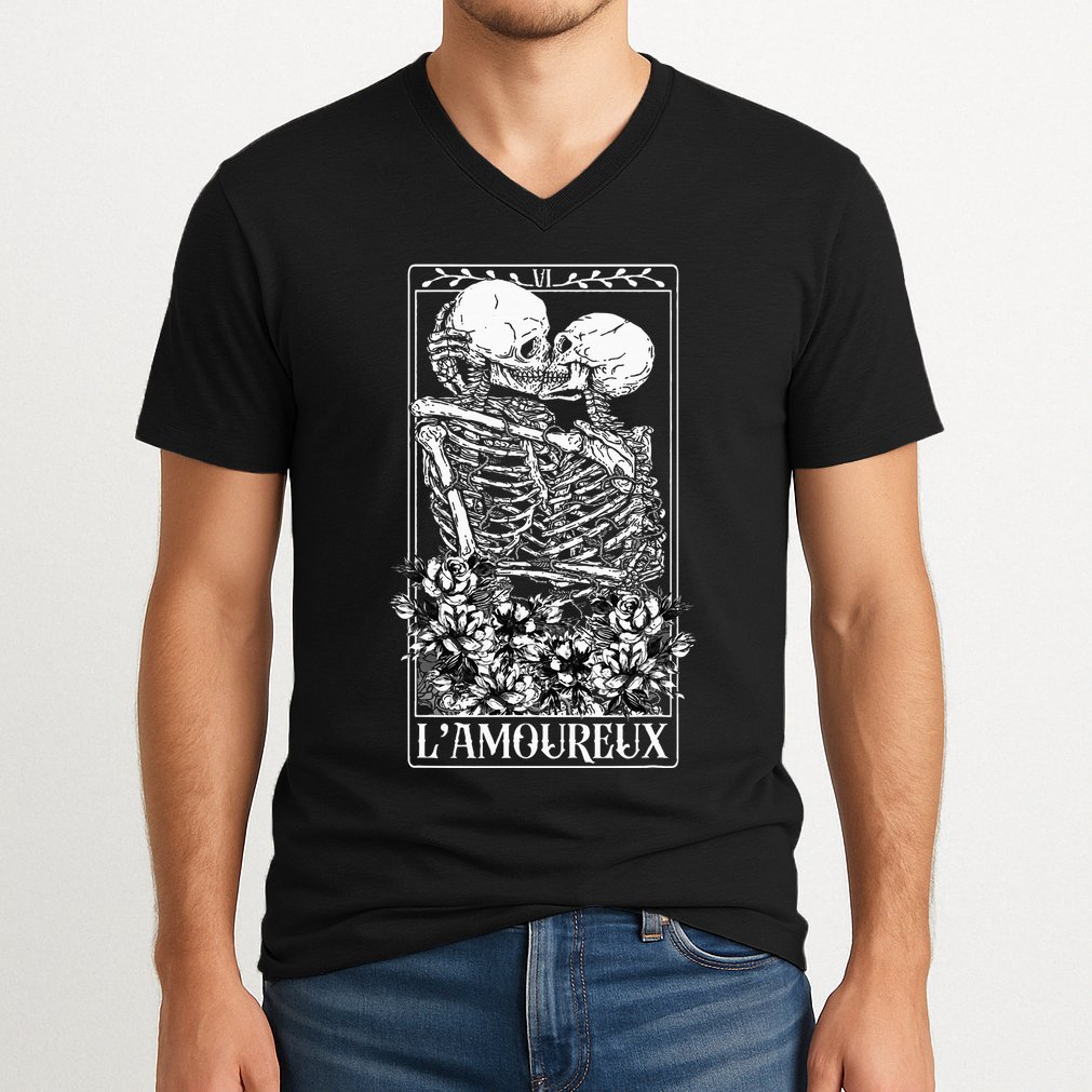 LAmoureux Tarot Card Skeleton Kissing Aesthetic Mystical V-Neck T-Shirt