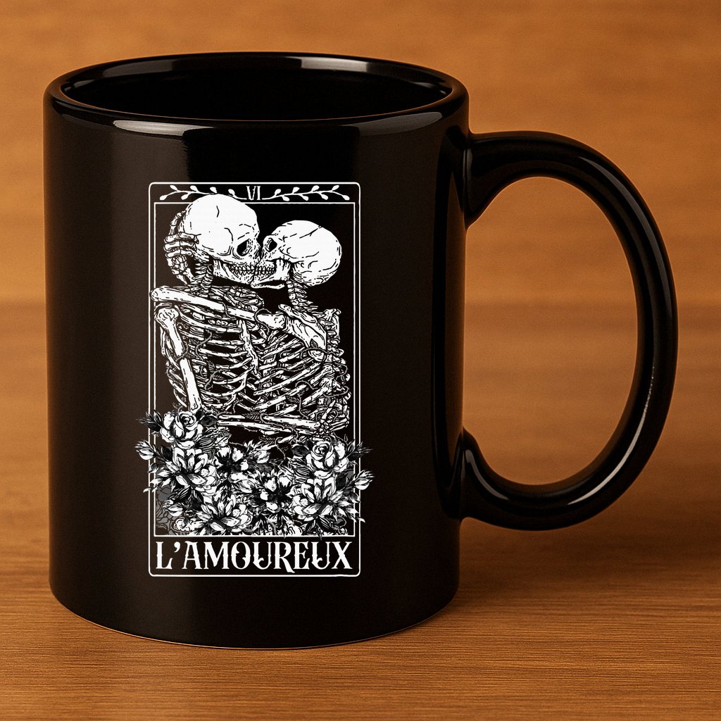 LAmoureux Tarot Card Skeleton Kissing Aesthetic Mystical 11oz C Handle Ceramic Mug
