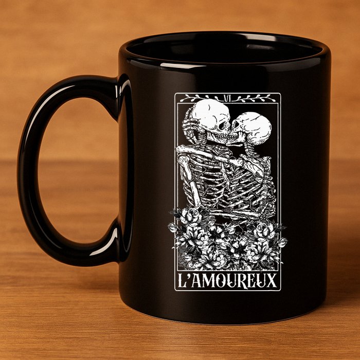 LAmoureux Tarot Card Skeleton Kissing Aesthetic Mystical 11oz C Handle Ceramic Mug