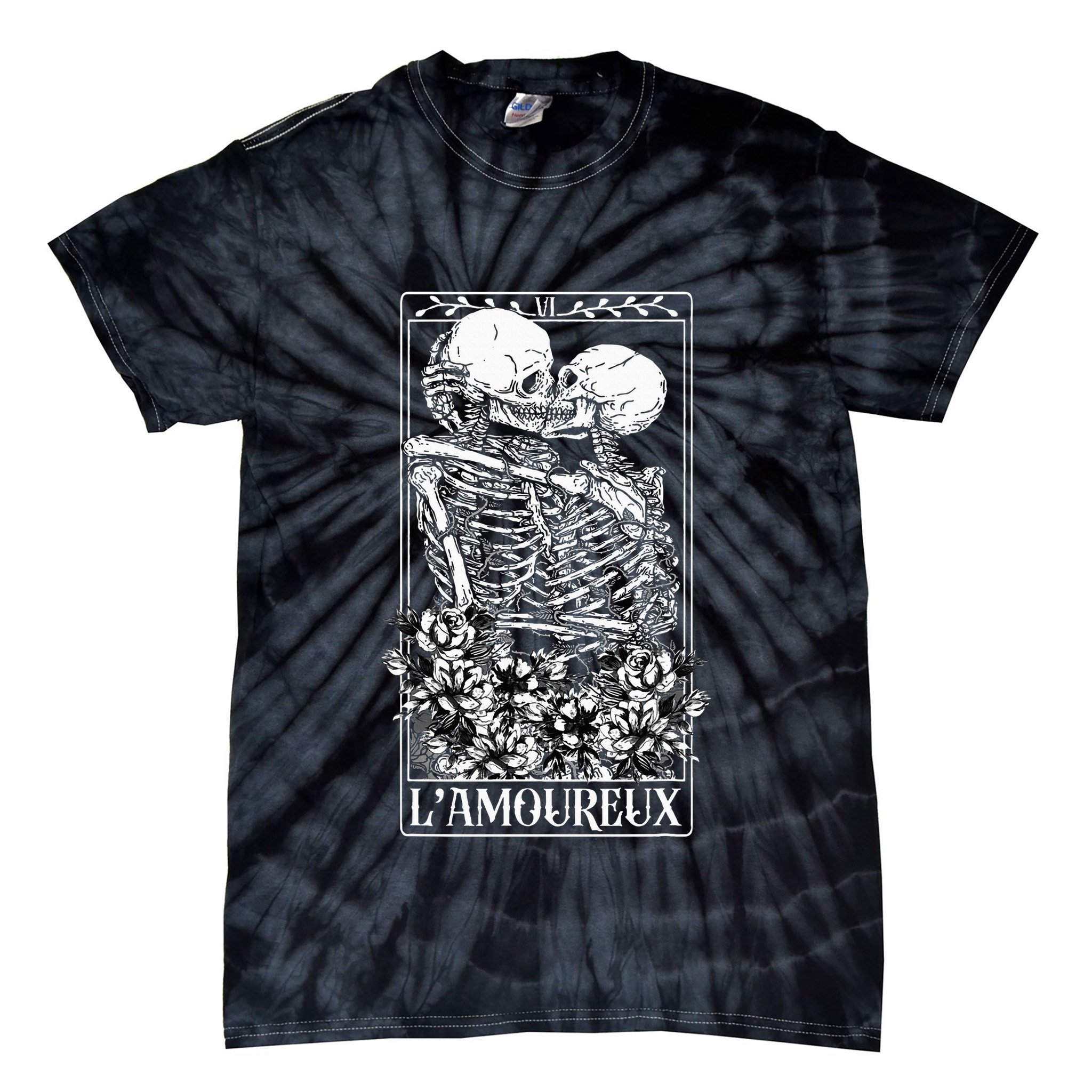 LAmoureux Tarot Card Skeleton Kissing Aesthetic Mystical Tie-Dye T-Shirt