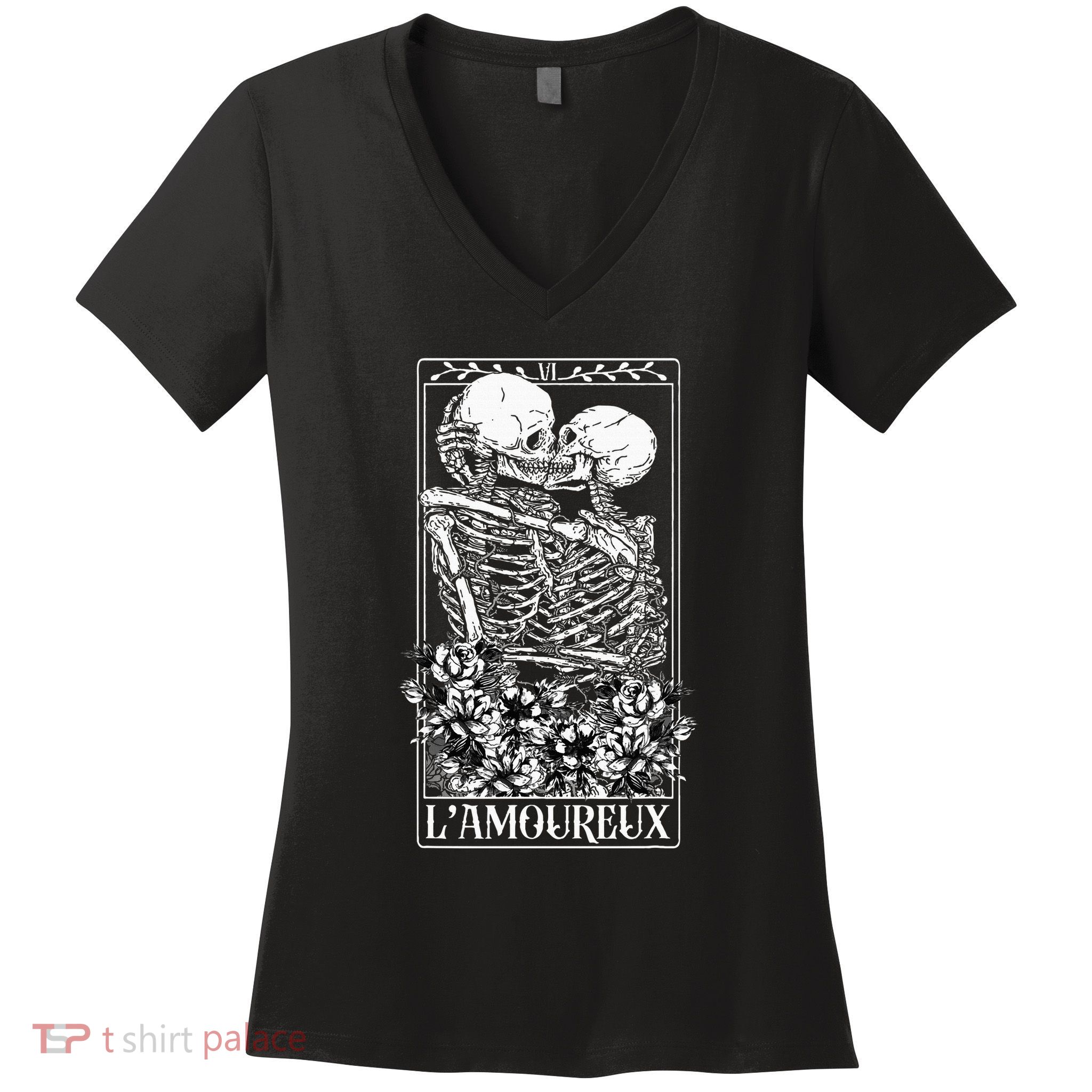 LAmoureux Tarot Card Skeleton Kissing Aesthetic Mystical Women's V-Neck T-Shirt