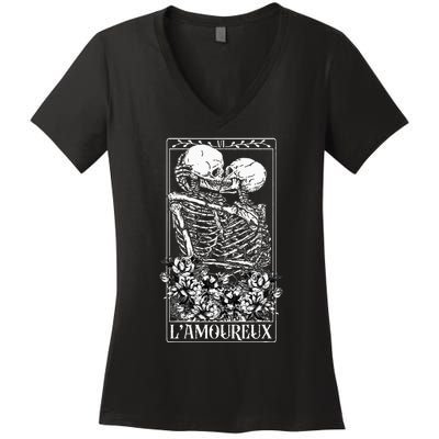 LAmoureux Tarot Card Skeleton Kissing Aesthetic Mystical Women's V-Neck T-Shirt