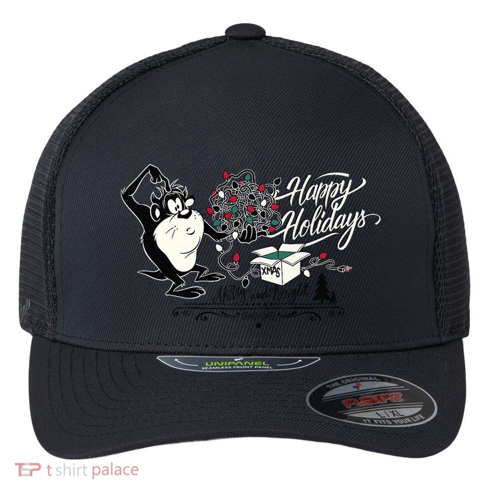 Looney Tunes Christmas Taz Happy Holidays Merry And Bright Premium Flexfit Unipanel Trucker Cap