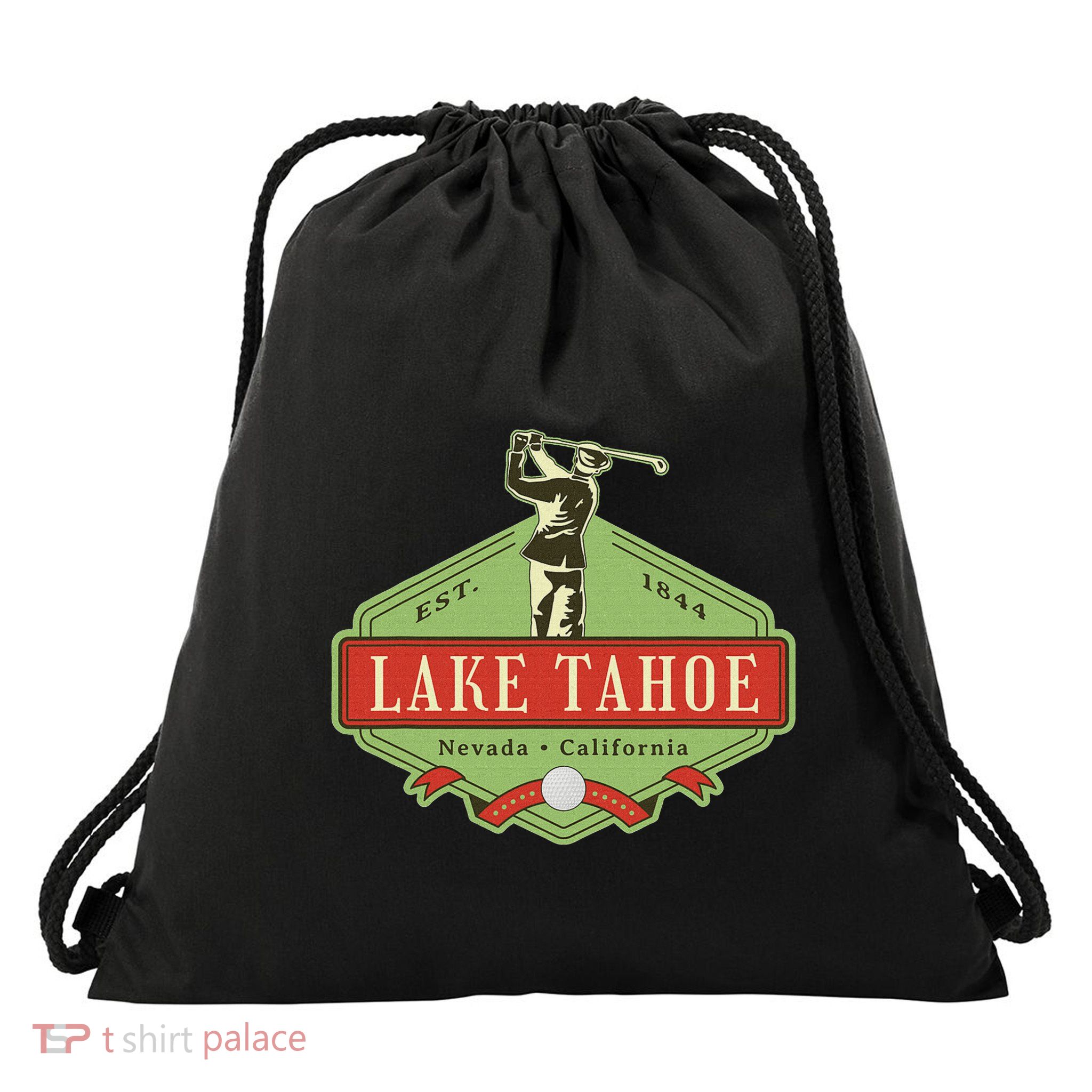 Lake Tahoe California Nevada Retro Vintage Golf Themed Drawstring Bag