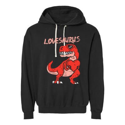 Lovesaurus Trex Dinosaur Heart Cute Valentines Day Boy Gift Garment-Dyed Fleece Hoodie