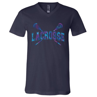 Lacrosse Tie Dye Crossed Sticks Cool V-Neck T-Shirt