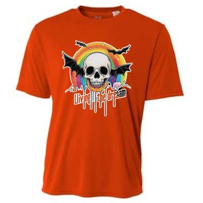 Living The Dream Spooky Skull Halloween Vibe Bat Cooling Performance Crew T-Shirt