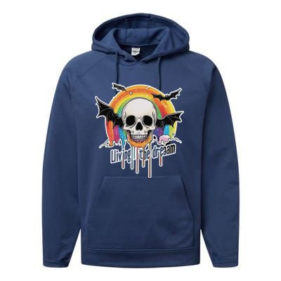 Living The Dream Spooky Skull Halloween Vibe Bat Performance Fleece Hoodie