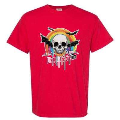 Living The Dream Spooky Skull Halloween Vibe Bat Garment-Dyed Heavyweight T-Shirt