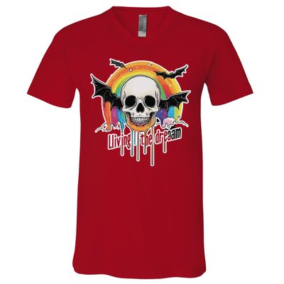 Living The Dream Spooky Skull Halloween Vibe Bat V-Neck T-Shirt