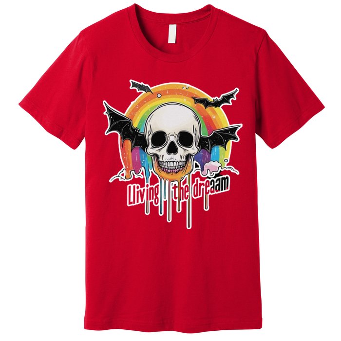 Living The Dream Spooky Skull Halloween Vibe Bat Premium T-Shirt