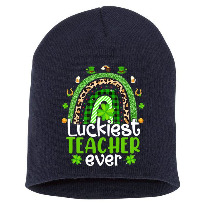 Luckiest Teacher Ever Rainbow St Patricks Day Short Acrylic Beanie