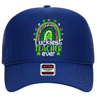 Luckiest Teacher Ever Rainbow St Patricks Day High Crown Mesh Back Trucker Hat