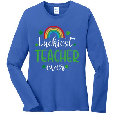 Luckiest Teacher Ever Funny St Patrick's Day Rainbow Gift Ladies Long Sleeve Shirt