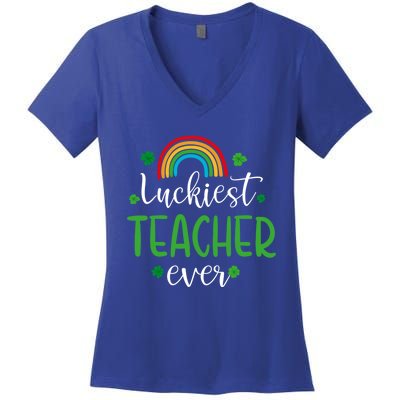 Luckiest Teacher Ever Funny St Patrick's Day Rainbow Gift Women's V-Neck T-Shirt