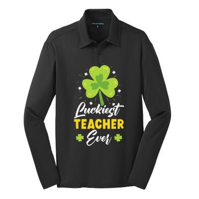 Luckiest Teacher Ever St. Patrick's Saint Pattys Day Silk Touch Performance Long Sleeve Polo