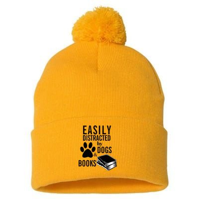Library Themed Easily Distracted By Books And Dogs Gift Pom Pom 12in Knit Beanie