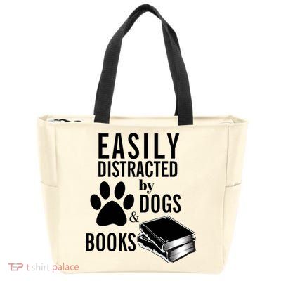 Library Themed Easily Distracted By Books And Dogs Gift Zip Tote Bag