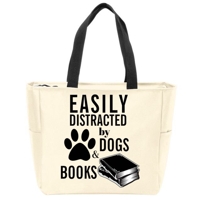 Library Themed Easily Distracted By Books And Dogs Gift Zip Tote Bag