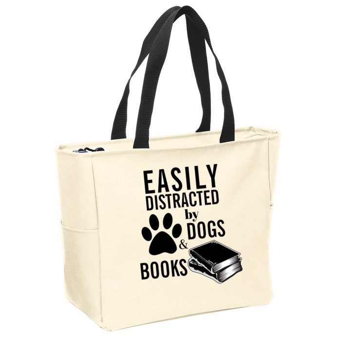 Library Themed Easily Distracted By Books And Dogs Gift Zip Tote Bag