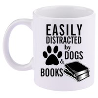 Library Themed Easily Distracted By Books And Dogs Gift 11oz C Handle Ceramic Mug