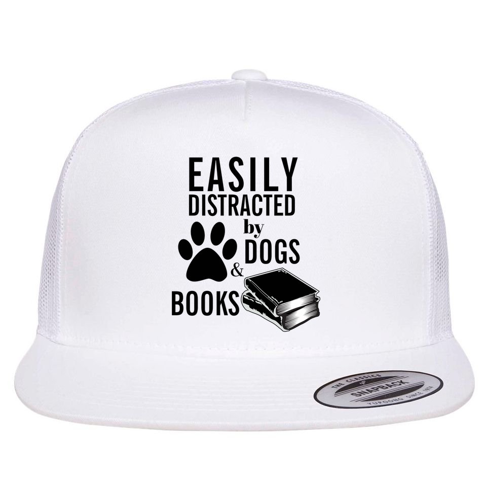 Library Themed Easily Distracted By Books And Dogs Gift Flat Bill Trucker Hat
