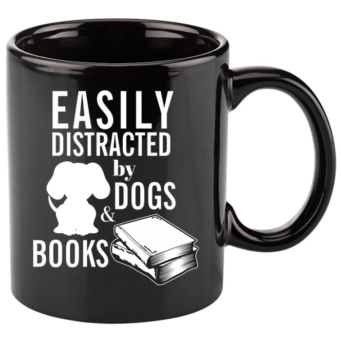 Library Themed Easily Distracted By Books And Dogs Gift 11oz C Handle Ceramic Mug