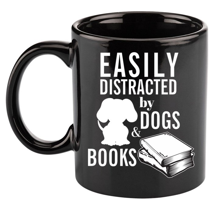 Library Themed Easily Distracted By Books And Dogs Gift 11oz C Handle Ceramic Mug
