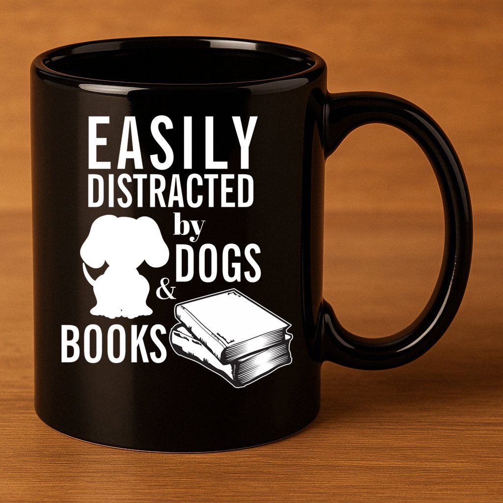 Library Themed Easily Distracted By Books And Dogs Gift 11oz C Handle Ceramic Mug