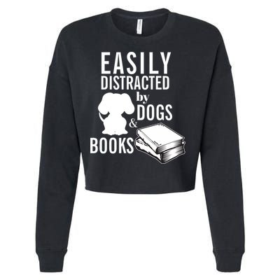 Library Themed Easily Distracted By Books And Dogs Gift Cropped Pullover Crew
