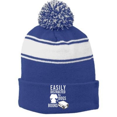 Library Themed Easily Distracted By Books And Dogs Gift Stripe Pom Pom Beanie