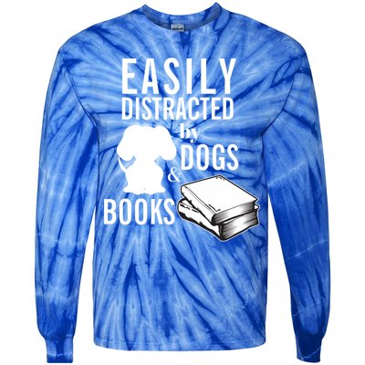 Library Themed Easily Distracted By Books And Dogs Gift Tie-Dye Long Sleeve Shirt