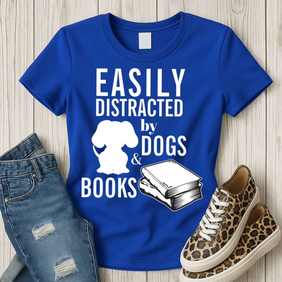 Library Themed Easily Distracted By Books And Dogs Gift Womens T-Shirt