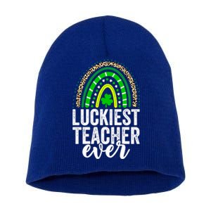 Luckiest Teacher Ever School Leopard Rainbow St Patricks Day Gift Short Acrylic Beanie