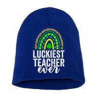 Luckiest Teacher Ever School Leopard Rainbow St Patricks Day Gift Short Acrylic Beanie