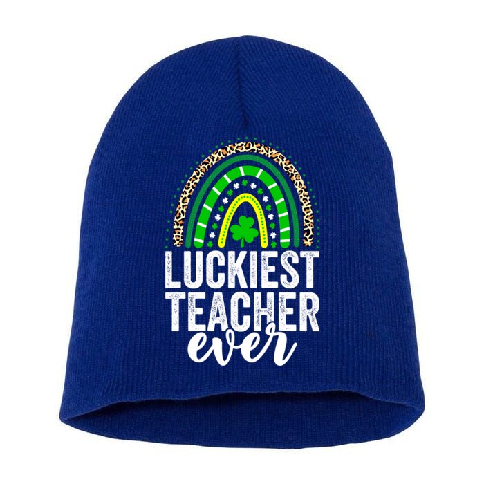 Luckiest Teacher Ever School Leopard Rainbow St Patricks Day Gift Short Acrylic Beanie