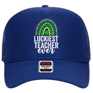 Luckiest Teacher Ever School Leopard Rainbow St Patricks Day Gift High Crown Mesh Back Trucker Hat