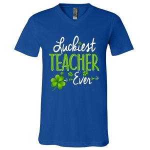 Luckiest Teacher Ever Shamrock Irish Teacher St Patricks Day Gift V-Neck T-Shirt