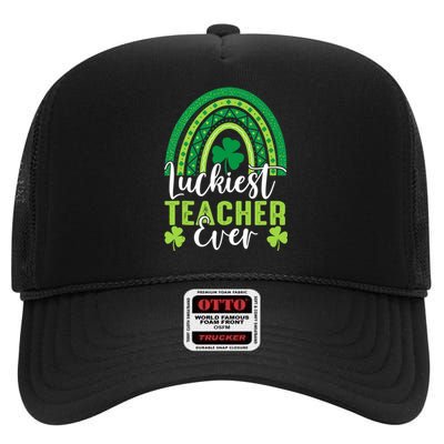 Luckiest Teacher Ever Rainbow Shamrock St Patrick's Day High Crown Mesh Back Trucker Hat