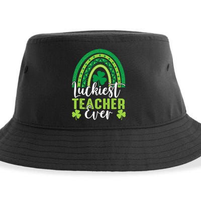 Luckiest Teacher Ever Rainbow Shamrock St Patrick's Day Sustainable Bucket Hat