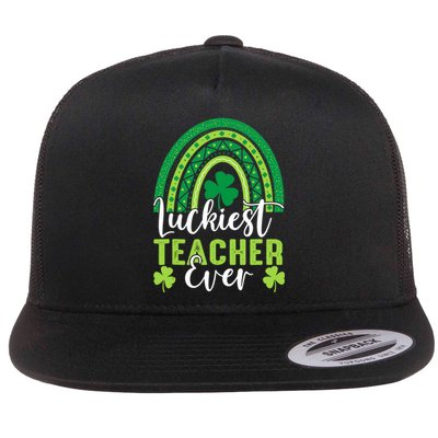 Luckiest Teacher Ever Rainbow Shamrock St Patrick's Day Flat Bill Trucker Hat