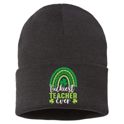 Luckiest Teacher Ever Rainbow Shamrock St Patrick's Day Sustainable Knit Beanie