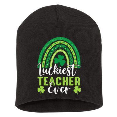 Luckiest Teacher Ever Rainbow Shamrock St Patrick's Day Short Acrylic Beanie