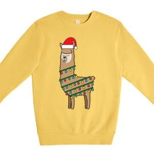 Llama Tree Funny Christmas Lights Santa Hat Holiday Gift Premium Crewneck Sweatshirt