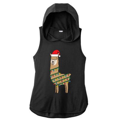 Llama Tree Funny Christmas Lights Santa Hat Holiday Gift Ladies PosiCharge Tri-Blend Wicking Draft Hoodie Tank