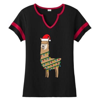 Llama Tree Funny Christmas Lights Santa Hat Holiday Gift Ladies Halftime Notch Neck Tee